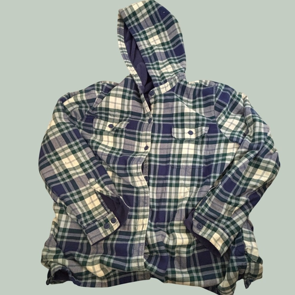 LL Bean Hooded Flannel Shirt Jacket Women XL Blue Green Plaid Fleece Lined